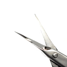 Load image into Gallery viewer, Opening of the cuticle scissors. Very thin and fine points make maneuvering around the nail easy.
